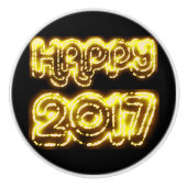 Happy New Year 2017 Black Shiny Gold Lights Knob Keramikknauf (Vorderseite)
