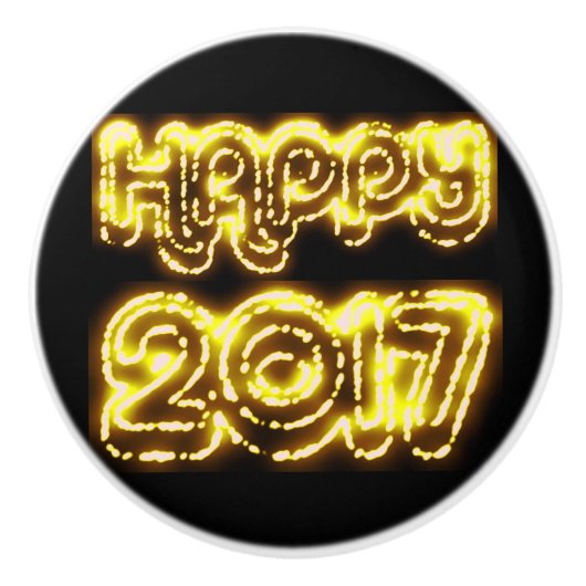 Happy New Year 2017 Black Shiny Gold Lights Knob Keramikknauf (Vorderseite)