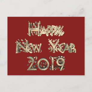 Happy New Year 2019 Elegant Red Golden Stars Text Feiertagspostkarte