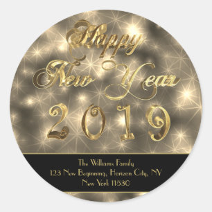 Happy New Year 2019 Elegante Black and Gold Stars Runder Aufkleber