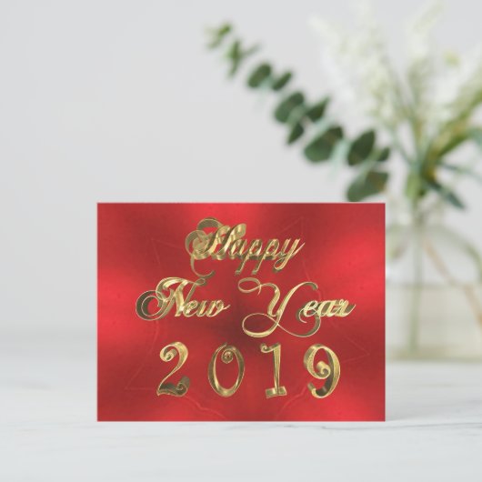 Happy New Year 2019 Script Red and Gold Chic Postkarte (Stehend Vorderseite)