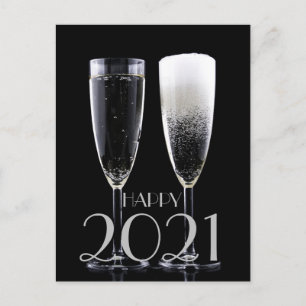Happy New Year 2021 Black White Champagne Flute Feiertagspostkarte