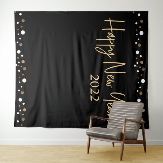 Happy New Year 2022 Script Black Gold Confetti Wandteppich (Beispiel (Horizontal))