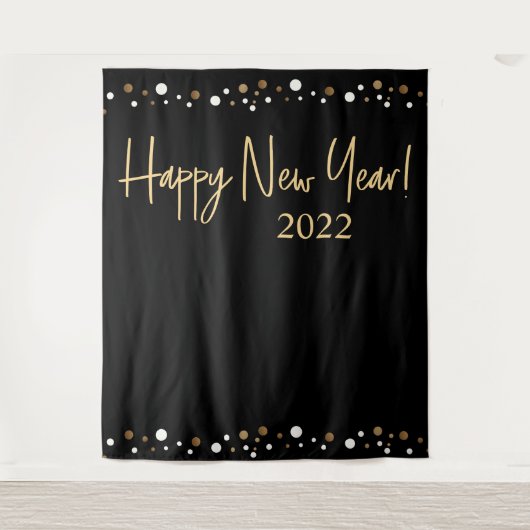 Happy New Year 2022 Script Black Gold Confetti Wandteppich (Vorderseite)