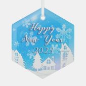 Happy New Year 2023 Blue White House Snow Ornament Aus Glas (Vorderseite)