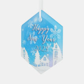 Happy New Year 2023 Blue White House Snow Ornament Aus Glas (Vorderseite Links)