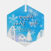 Happy New Year 2023 Blue White House Snow Ornament Aus Glas (Rückseite)