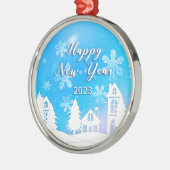 Happy New Year 2023 Blue White House Snow Ornament Aus Metall (Links)
