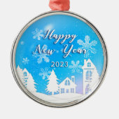 Happy New Year 2023 Blue White House Snow Ornament Aus Metall (Vorne)