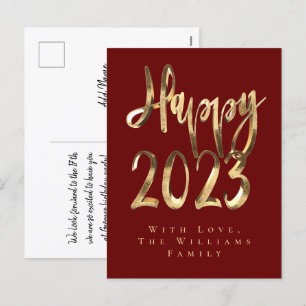 Happy New Year 2023 Elegantes Rot und Gold Script Feiertagspostkarte
