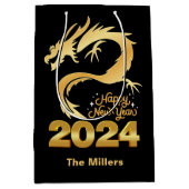 Happy New Year 2024 Golden Chinese Dragon Black Mittlere Geschenktüte (Vorderseite)