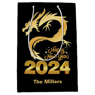 Happy New Year 2024 Golden Chinese Dragon Black Mittlere Geschenktüte