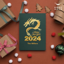 Happy New Year 2024 Golden Chinese Dragon Green