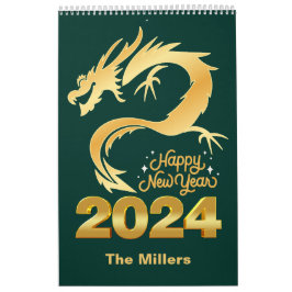Happy New Year 2024 Golden Chinese Dragon Green Kalender