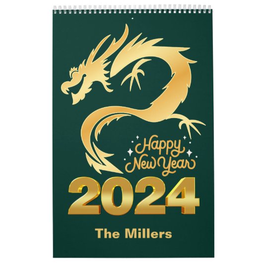 Happy New Year 2024 Golden Chinese Dragon Green Kalender (Titelbild)