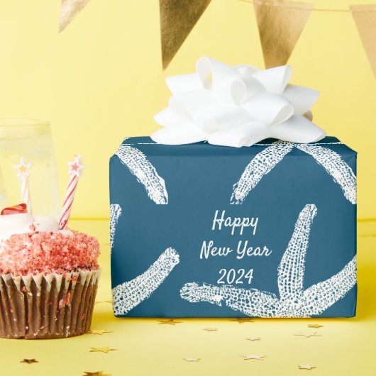 Happy New Year 2024 Starfish Ocean Blue Trendy Geschenkpapier (Geburtstagsparty)