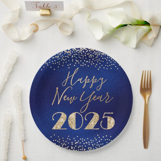 Happy New Year 2025 Blue and Gold Glitzer Diamonds Pappteller (Hochzeit)