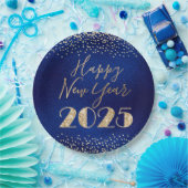 Happy New Year 2025 Blue and Gold Glitzer Diamonds Pappteller (Party)
