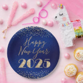 Happy New Year 2025 Blue and Gold Glitzer Diamonds Pappteller (Party)
