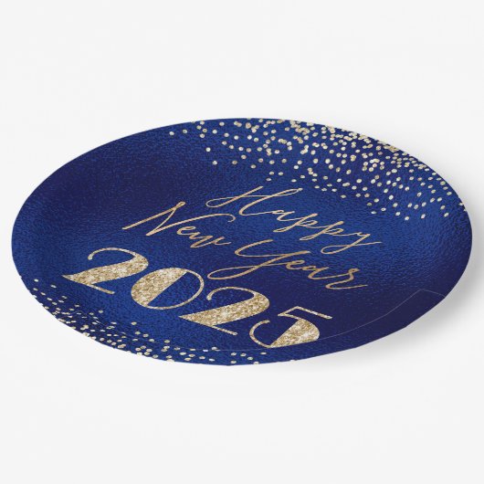 Happy New Year 2025 Blue and Gold Glitzer Diamonds Pappteller (Schrägansicht)
