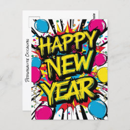 Happy New Year 2025 Colorful Bursting Pop Kunst, D Postkarte