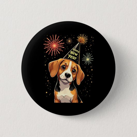 Happy New Year 2025 Eve Firework Dog Funny Beagle Button (Vorderseite)