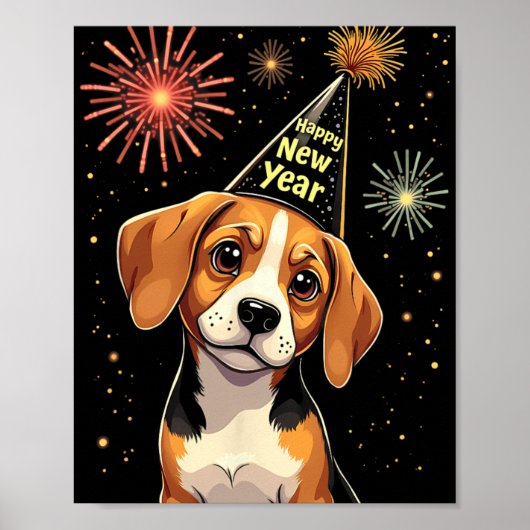 Happy New Year 2025 Eve Firework Dog Funny Beagle  Poster (Vorne)