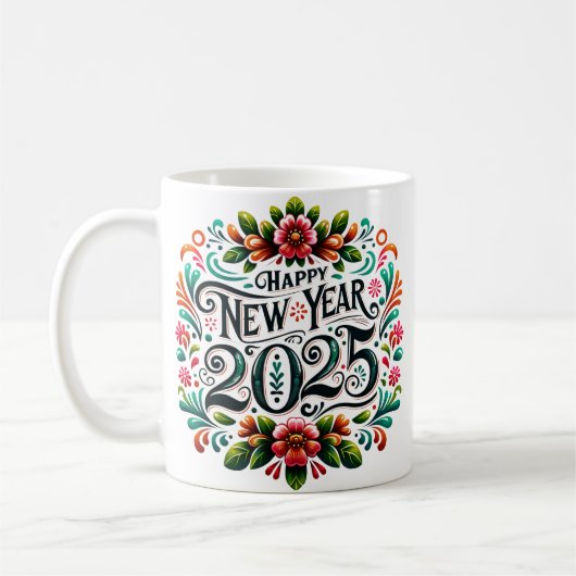"Happy New Year 2025" farbenfrohe mexikanische Fie Kaffeetasse (Links)