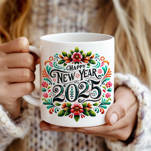 "Happy New Year 2025" farbenfrohe mexikanische Fie Kaffeetasse
