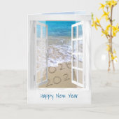 Happy New Year 2026 Beach Window Karte (Gelbe Blume)
