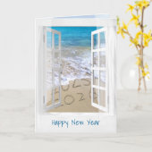 Happy New Year 2026 Beach Window Karte (Gelbe Blume)