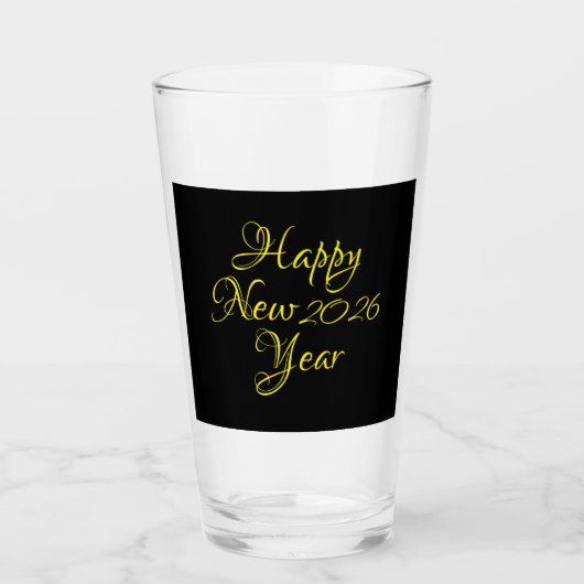 Happy New Year 2026 Black and Yellow Script Glas (Vorderseite)