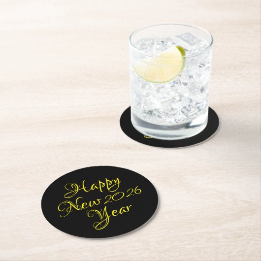 Happy New Year 2026 Black and Yellow Script Runder Pappuntersetzer (Vor Ort)