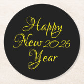 Happy New Year 2026 Black and Yellow Script Runder Pappuntersetzer (Vorderseite)