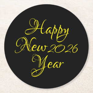 Happy New Year 2026 Black and Yellow Script Runder Pappuntersetzer