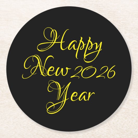 Happy New Year 2026 Black and Yellow Script Runder Pappuntersetzer (Vorderseite)