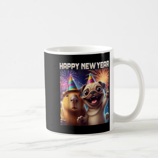 Happy New Year 2026 Capybara Pug Party Art Kaffeetasse (Rechts)