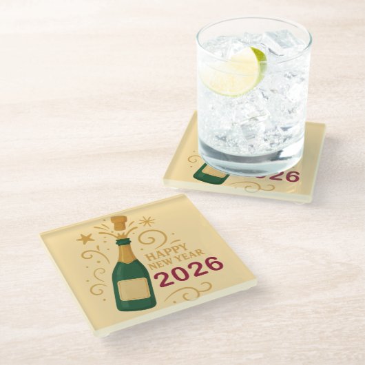 Happy New Year 2026 Champagne | Glass Coaster Glasuntersetzer (Schrägansicht)