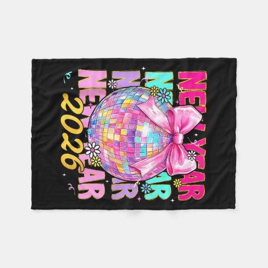 Happy New Year 2026 Coquette Bow & Disco Ball Fleecedecke (Vorderseite (Horizontal))