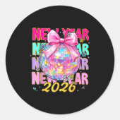 Happy New Year 2026 Coquette Bow & Disco Ball Runder Aufkleber (Vorderseite)
