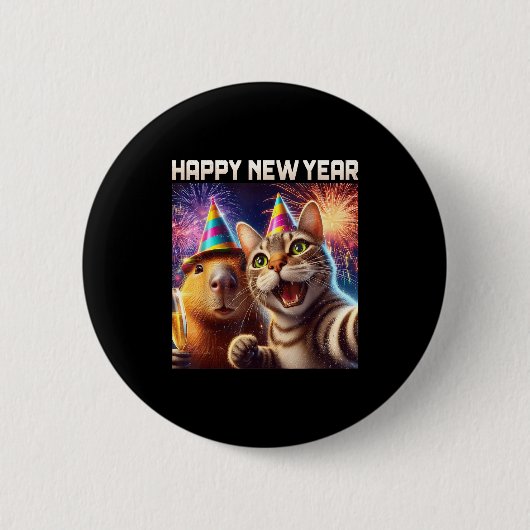 Happy New Year 2026 Cute Cat Capybara Party Art Button (Vorderseite)
