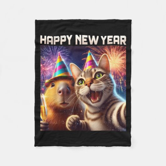 Happy New Year 2026 Cute Cat Capybara Party Art Fleecedecke (Vorderseite)