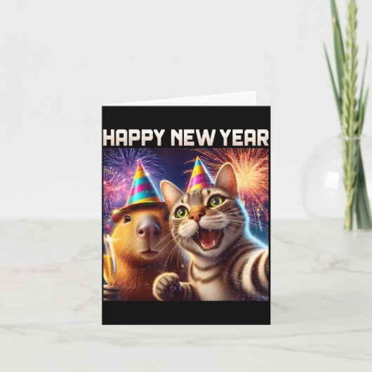 Happy New Year 2026 Cute Cat Capybara Party Art  Karte (Vorderseite)