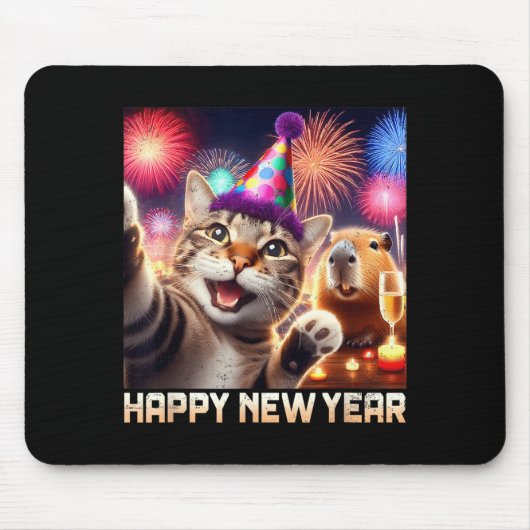 Happy New Year 2026 Cute Cat Capybara Party Art Mousepad (Vorne)
