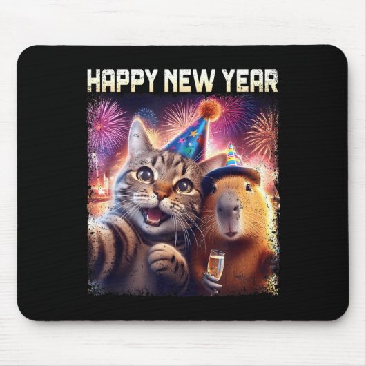 Happy New Year 2026 Cute Cat Capybara Party Art Mousepad (Vorne)