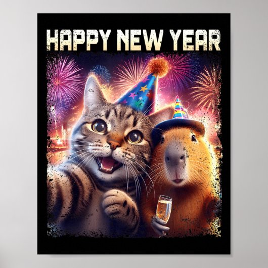 Happy New Year 2026 Cute Cat Capybara Party Art  Poster (Vorne)