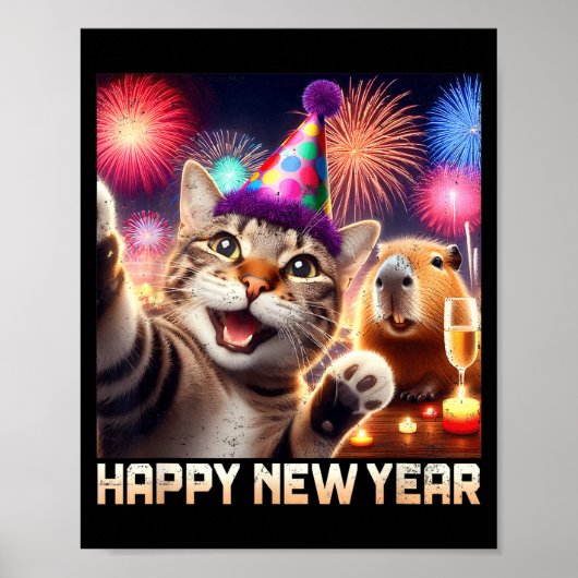 Happy New Year 2026 Cute Cat Capybara Party Art  Poster (Vorne)