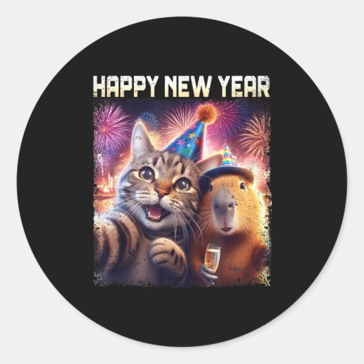 Happy New Year 2026 Cute Cat Capybara Party Art  Runder Aufkleber (Vorderseite)