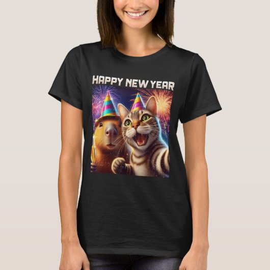 Happy New Year 2026 Cute Cat Capybara Party Art  T-Shirt (Vorderseite)
