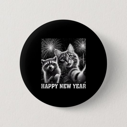 Happy New Year 2026 Cute Cat Raccoon Celebration  Button (Vorderseite)